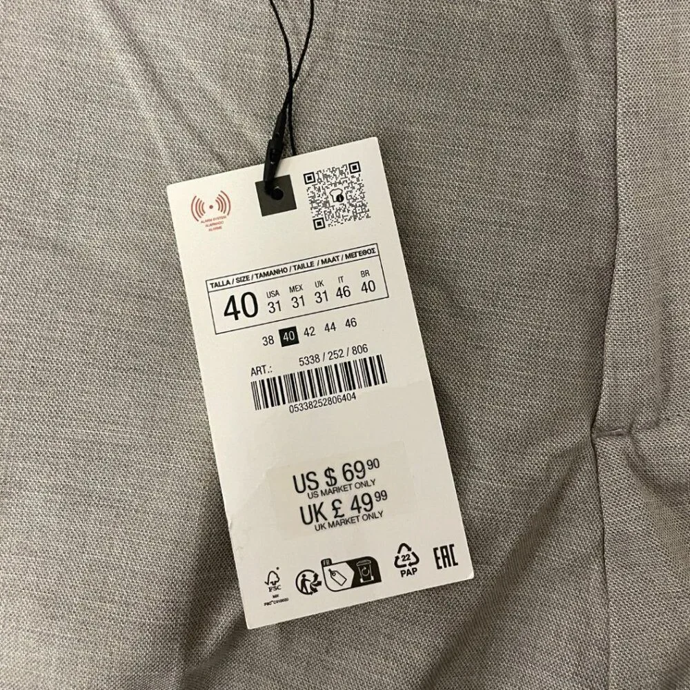 Zara Mens Trouser Pants Size EU 40 US 31 Stone Grey Textured Fabric 5338/252 NWT
